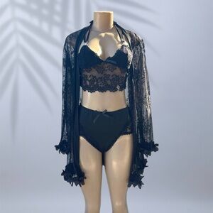 Black Lace 3-Piece Lingerie Set 🖤 Sheer Robe + Bralette & Panty ✧ S